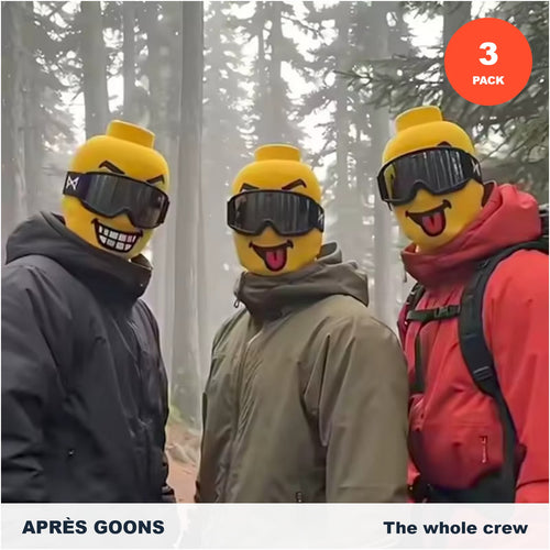 Three friends in emoji face balaclavas